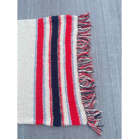 Vintage Handmade Crochet Afghan Striped Red White Blue Nautical Fringe Retro - Picture 2 of 3